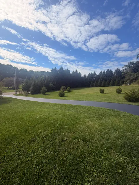 Long rural driveway freshly sealed, curving across a wide lawn